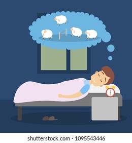 Man sleeping and counting sheep in dream.
