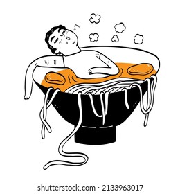 Man sleeping in a cup of noodle. Hand drawn vector illustration