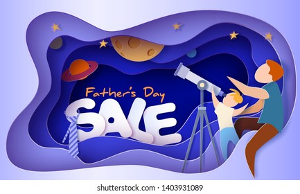 Man with sleeping daughter and son looking through telescope . Happy father's day sale card. Paper cut style. Vector illustration