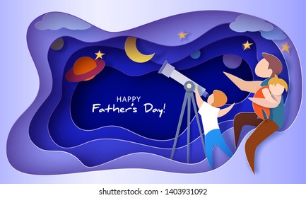 Man with sleeping daughter and son looking through telescope . Happy father's day card. Paper cut style. Vector illustration