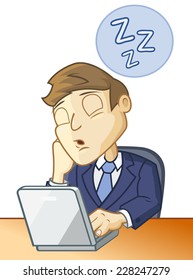 Man is sleeping at the desk in front of the computer