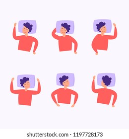 Man sleeping in different poses. Flat design vector illustration