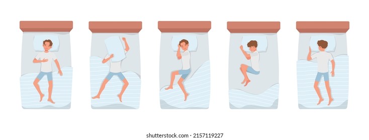 Man Sleeping In Different Poses On Bed At Night Character Vector Design.