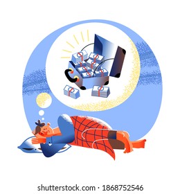 Man sleeping, dreaming of becoming rich. Happy guy dreams of getting suitcase full of money at home. Thinking of monetary professional success and finance vector illustration.