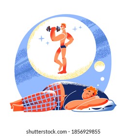Man sleeping, dreaming of getting fit and strong body. Happy guy dreams of sporty muscular body with dumbbell at home. Thinking of appearance and fitness vector illustration.