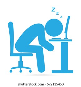 Man sleeping front of computer on work table blue icon