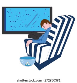 A man sleeping in front of a tv vector illustration