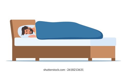 Man sleeping. Guy lies on bed under blanket at night, comfortable sleep time at home. Healthy lifestyle concept of relax, calm.