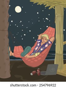 man sleeping in hammock at beach 