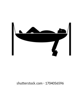 A man sleeping in a hammock with a book in his hand. Silhouette, logo. Vector flat illustration