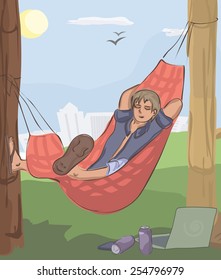man sleeping in hammock at nature