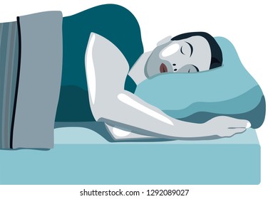 Man sleeping with head on pillow, bed and mattress. Sleep well. Rest. Sleeping on the left side is good for your health. The importance of sleep