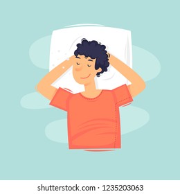 Man is sleeping. Head rests on the pillow. Flat vector illustration in cartoon style.