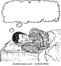 A man sleeping in his bed with a blank empty dream bubble over his head. Hand drawn vector illustration.