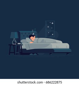 Man sleeping in his bed. Flat vector illustration on man sleeping peacefully at night in his bedroom with bedside table, nightstand lamp and alarm clock