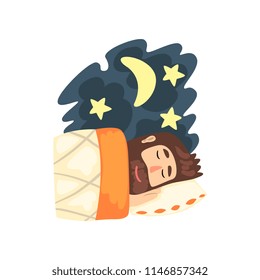 Man sleeping in his bed at night vector Illustration on a white background