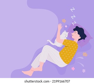A man sleeping with his cat. healthy sleep concept. flat vector illustration.