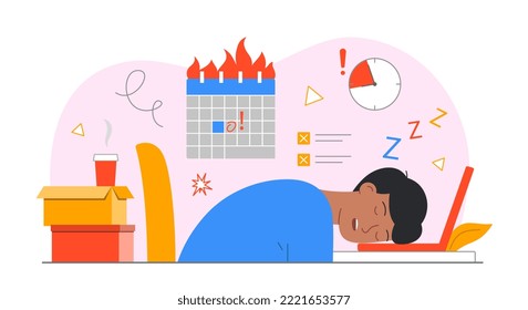 Man sleeping at his desk. Young guy lies on laptop. Emotional burnout and low energy, lazy character. Deadline pressure and stress, poor time management concept. Cartoon flat vector illustration