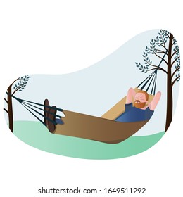Man sleeping in his hammock outside. Flat vector illustration.