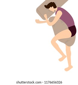 Man is sleeping and his hand he was hugging a bolster. have space for text.