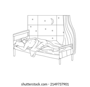Man sleeping in home bed at night outline vector drawing. Male person having sweet dream rest in comfortable bedroom illustration