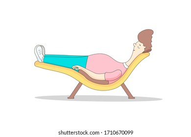 Man Sleeping at Home on Sofa. Vector Illustration. isolated on white background. the guy is resting in a yellow ergonomic chair