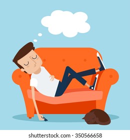 Man Sleeping at Home on Sofa. Vector Illustration