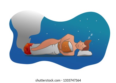 Man sleeping &hug a burning cigarette with smoke spread.No smoking concept