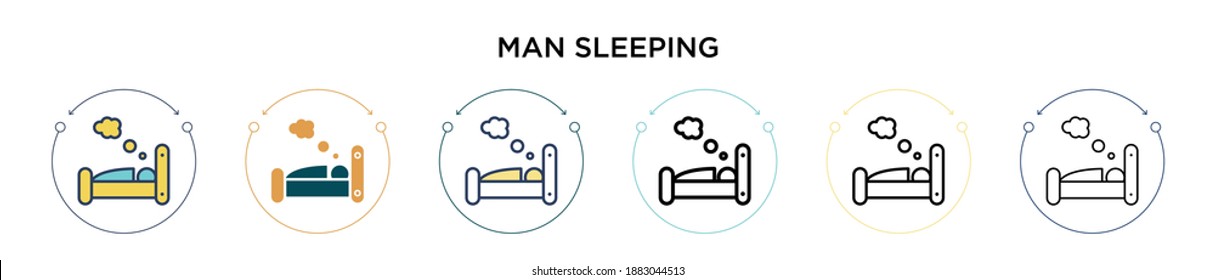 Man sleeping icon in filled, thin line, outline and stroke style. Vector illustration of two colored and black man sleeping vector icons designs can be used for mobile, ui, web