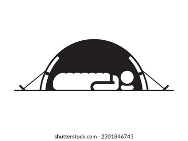 Man sleeping inside tent icon, black camping symbol on white background.