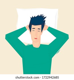 Man is sleeping. Lying head on a pillow. Flat illustration