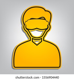 Man with sleeping mask sign. Flat orange icon with overlapping linear black icon with gray shadow at whitish background. Illustration.