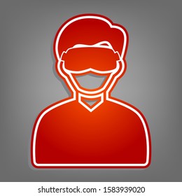 Man with sleeping mask sign. Flat red icon with linear white icon with gray shadow at grayish background. Illustration.
