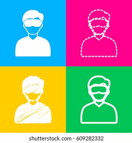 Man with sleeping mask sign. Four styles of icon on four color squares.