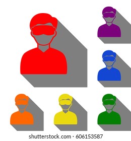 Man with sleeping mask sign. Set of red, orange, yellow, green, blue and violet icons at white background with flat shadow.