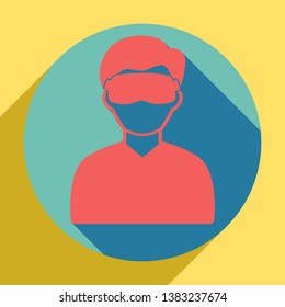 Man with sleeping mask sign. Sunset orange icon with llapis lazuli shadow inside medium aquamarine circle with different goldenrod shadow at royal yellow background.