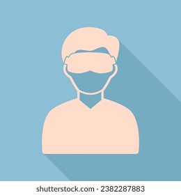 Hombre con signo de máscara de dormir. Icono de seda crudo con una sombra muy larga en el fondo azul cielo oscuro. Ilustración.