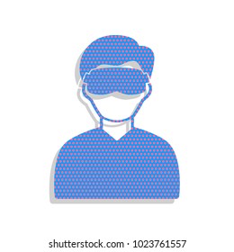 Man with sleeping mask sign. Vector. Neon blue icon with cyclamen polka dots pattern with light gray shadow on white background. Isolated.