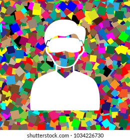 Man with sleeping mask sign. Vector. White icon on colorful background with seamless pattern from squares.