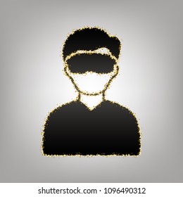 Man with sleeping mask sign. Vector. Blackish icon with golden stars at grayish background.