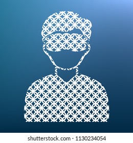 Man with sleeping mask sign. Vector. White textured icon at lapis lazuli gradient background.