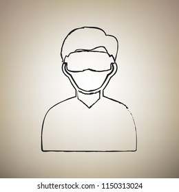 Man with sleeping mask sign. Vector. Brush drawed black icon at light brown background.