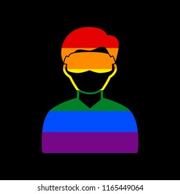 Man with sleeping mask sign. Vector. Icon with colors of LGBT flag at black background.