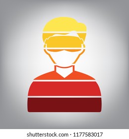Man with sleeping mask sign. Vector. Horizontally sliced icon with colors from sunny gradient in gray background.