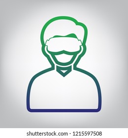 Man with sleeping mask sign. Vector. Green to blue gradient contour icon at grayish background with light in center.