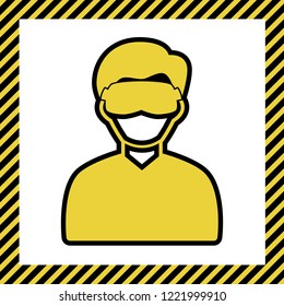 Man with sleeping mask sign. Vector. Warm yellow icon with black contour in frame named as under construction at white background. Isolated.