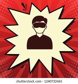 Man with sleeping mask sign. Vector. Dark red icon in lemon chiffon shutter bubble at red popart background with rays.