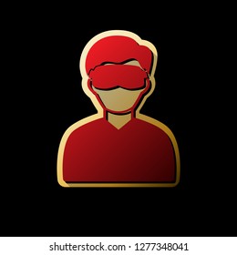 Man with sleeping mask sign. Vector. Red icon with small black and limitless shadows at golden sticker on black background.