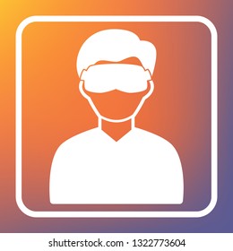 Man with sleeping mask sign. Vector. White icon on transparent button at orange-violet gradient background.