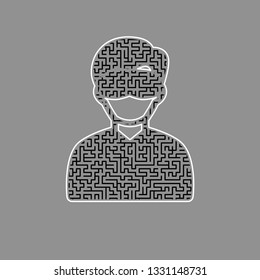 Man with sleeping mask sign. Vector. Black maze filled icon with white border at gray background.
